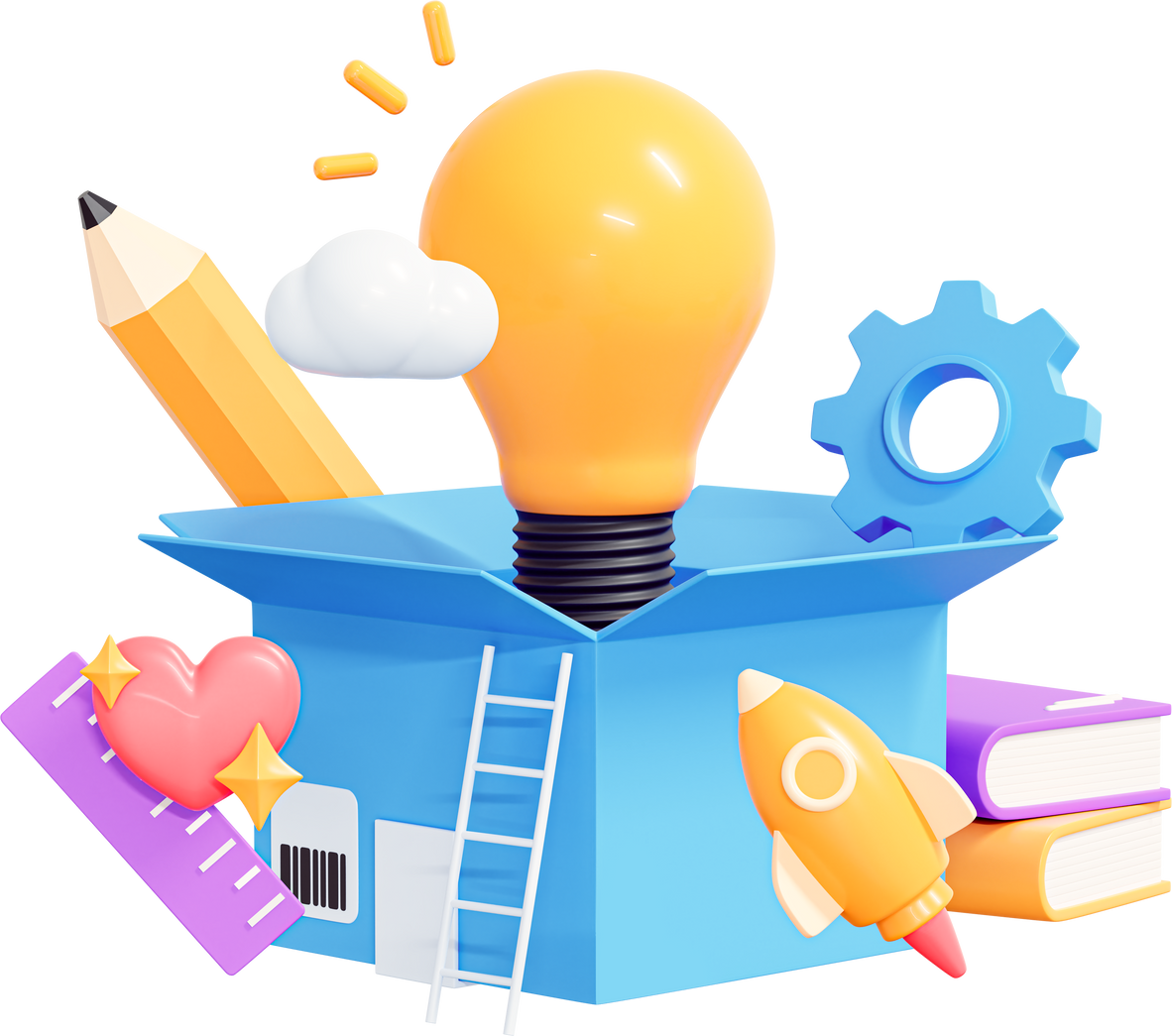 3D Creative box with lightbulb and design tools